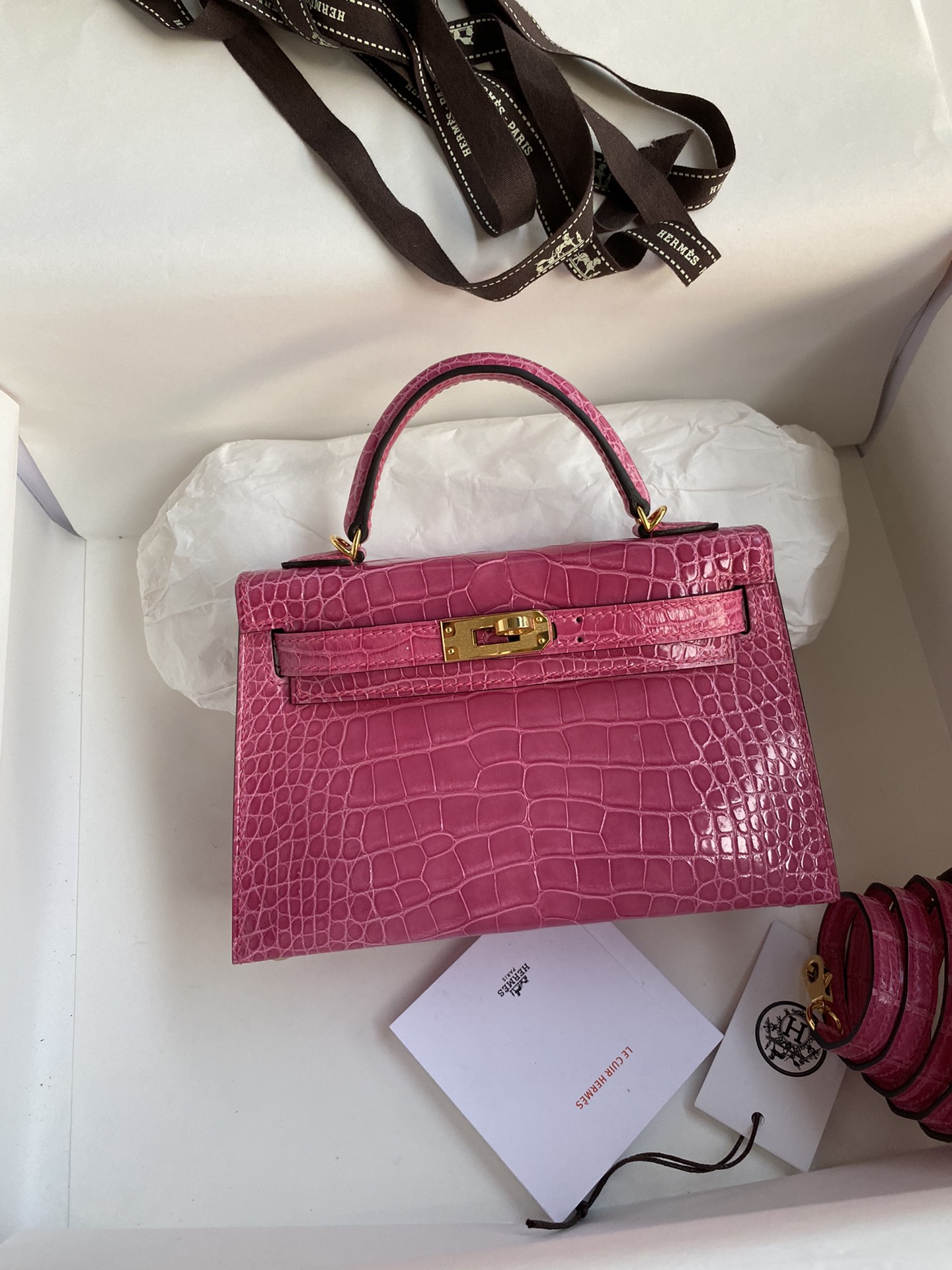 Hermes Kelly Mini II Bag 19CM In Rose Tyrien Shiny Alligator Leather